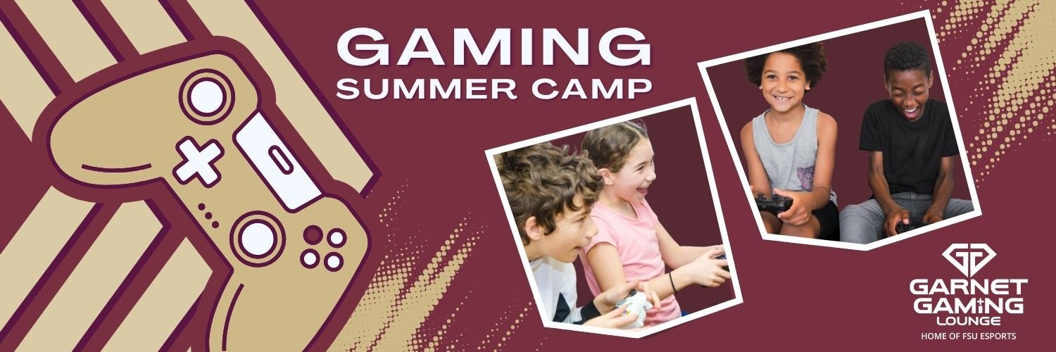 Gaming Summer Camp banner with photos of middle school kids playing video games